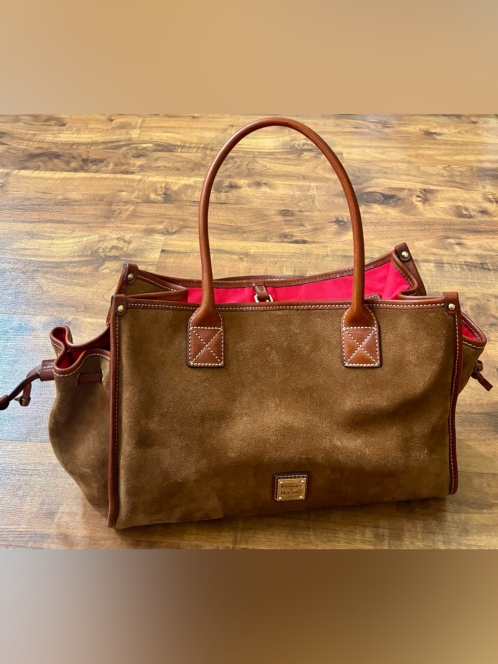 Dooney & Bourke Brown Suede Leather Satchel Tote Bag Large Carryall Red Interior